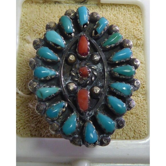 Zuni Native American Turquoise & Coral Cluster Ring Size 7 - Picture 5 of 7